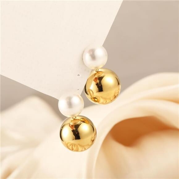 18K Gold-Plated Classic Pearl Drop Earrings – Semi-Round Studs & Ball Dangles - Picture 1 of 7